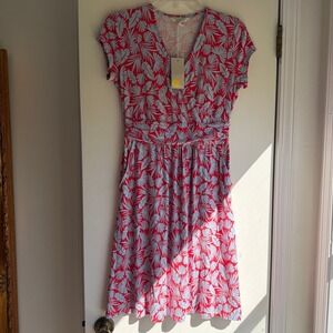 NWT Boden Dress Women's US 6P UK 10P Red Blue Leaf Print V-Neck Short Sleeve